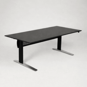 Linak hæve sænkebord med frontplade - sort linoleum/børstet stål