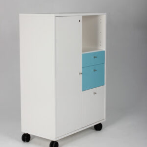 Fumac skab med skuffer og hjul - hvid/turkis melamin