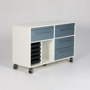 Lavt skuffemodul med brevbakke på hjul - hvid/blåmetallic laminat